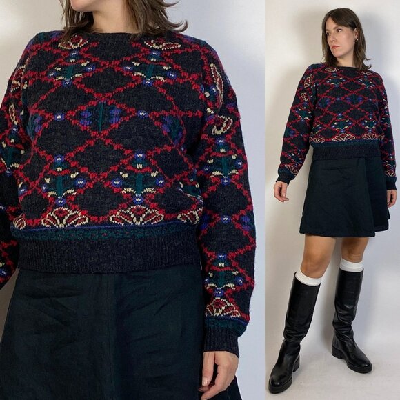 Vintage 1980s RUSTIC Cottage Core Scandinavian FOLK Style WOOL Sweater! Medium - Picture 1 of 8